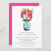 ピンクおよびオレンジガーベラのデイジーのメーソンジャーの結婚式 招待状 (正面/裏面)