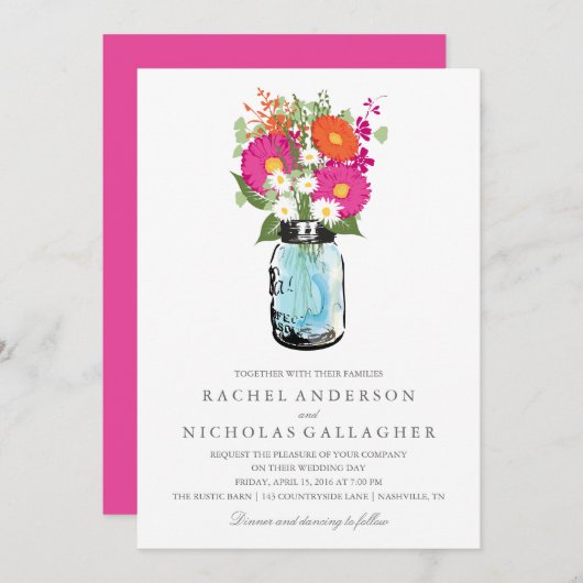 ピンクおよびオレンジガーベラのデイジーのメーソンジャーの結婚式 招待状 (正面/裏面)