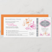 ピンクおよびオレンジハイビスカスの搭乗券の結婚式 招待状 (正面/裏面)