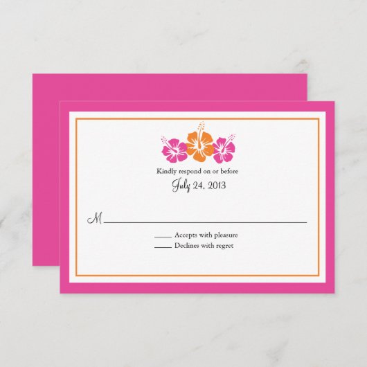 ピンクおよびオレンジハイビスカスは開花しまRSVPを結婚します 出欠カード (正面/裏面)