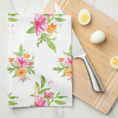 ピンクおよびオレンジ水彩画の花模様の台所タオル キッチンタオル (四つ折り)