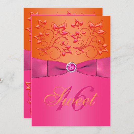 ピンクおよびオレンジ花のSweet sixteenの招待状 招待状 (正面/裏面)