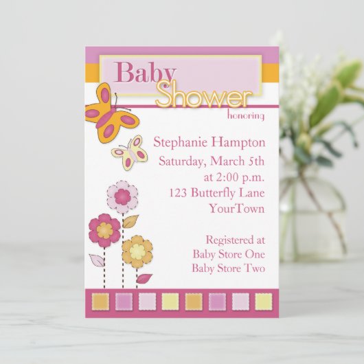 ピンクおよびオレンジ蝶ベビーシャワーの招待状 招待状 (スタンド正面)