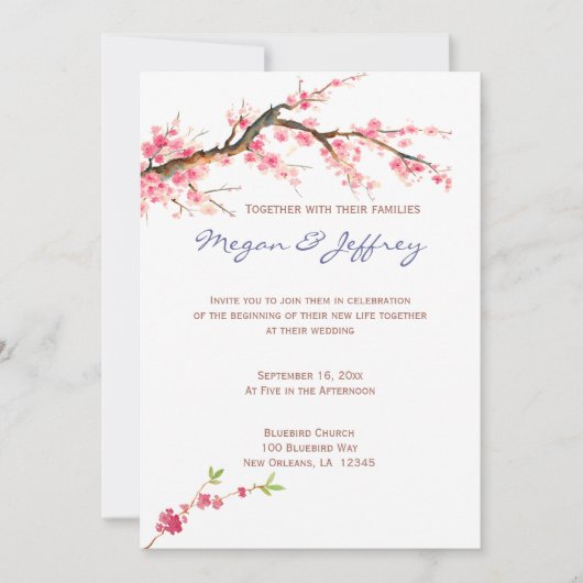 ピンクおよびクリームの水彩画の桜 招待状 (正面)