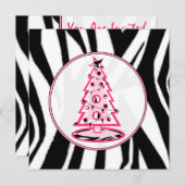 ピンクおよびシマウマのプリントのクリスマスツリーの招待状 招待状 (正面/裏面)
