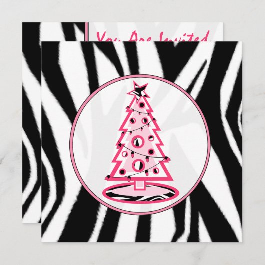 ピンクおよびシマウマのプリントのクリスマスツリーの招待状 招待状 (正面/裏面)