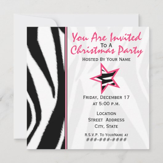 ピンクおよびシマウマのプリントのクリスマスツリーの招待状 招待状 (裏面)