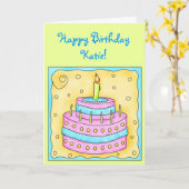 ピンクおよびターコイズのケーキが付いているバースデー・カード カード (黄色い花)