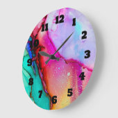 ピンクおよびターコイズの大理石の抽象芸術の水彩画 ラージ壁時計 (傾斜)