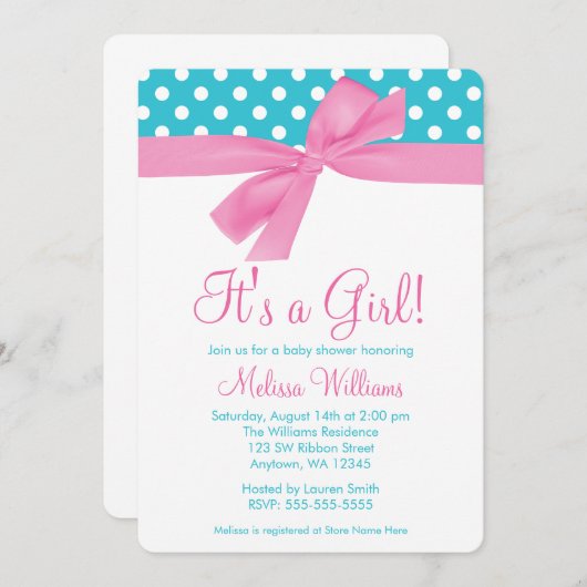 ピンクおよびティール(緑がかった色)の弓水玉模様のベビーシャワー 招待状 (正面/裏面)