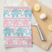 ピンクおよびティール（緑がかった色）民族象パターン キッチンタオル (四つ折り)