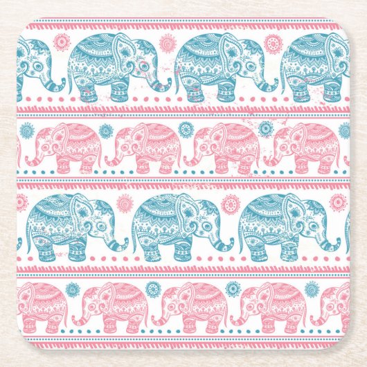 ピンクおよびティール(緑がかった色)民族象パターン スクエアペーパーコースター (正面)