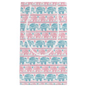 ピンクおよびティール（緑がかった色）民族象パターン スモールペーパーバッグ (正面)