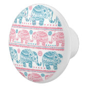 ピンクおよびティール（緑がかった色）民族象パターン セラミックノブ (右)