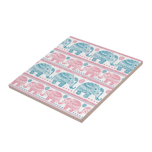 ピンクおよびティール(緑がかった色)民族象パターン タイル (側面)