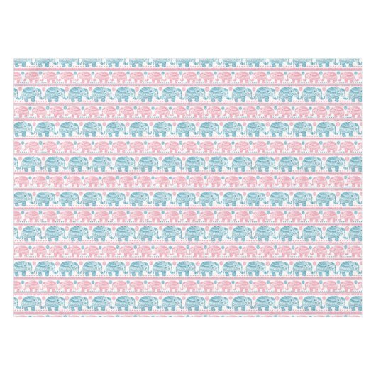 ピンクおよびティール（緑がかった色）民族象パターン テーブルクロス (正面(横))