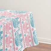 ピンクおよびティール（緑がかった色）民族象パターン テーブルクロス (インサイチュ)