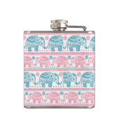 ピンクおよびティール（緑がかった色）民族象パターン フラスク (裏面)