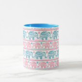 ピンクおよびティール(緑がかった色)民族象パターン マグカップ (中央)