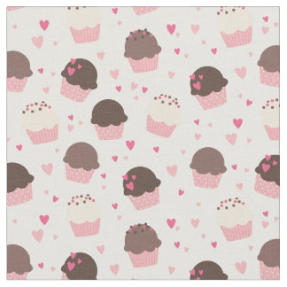 ピンクおよびブラウンのかわいいカップケーキそしてハート ファブリック