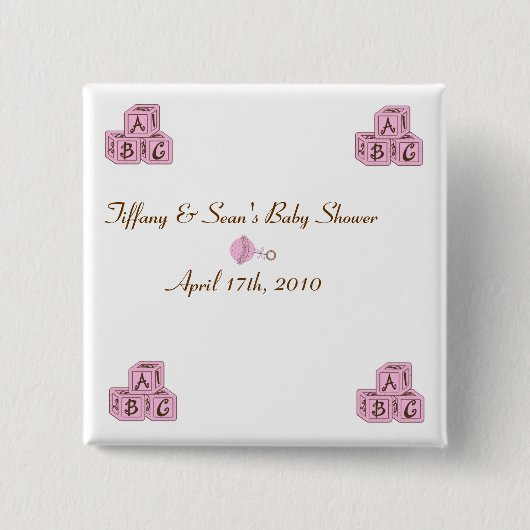 ピンクおよびブラウンのベビーのブロック 缶バッジ (正面)