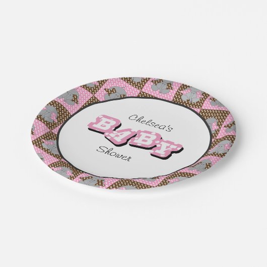 ピンクおよびブラウンのベビー象は|個人化なります ペーパープレート (アングル)
