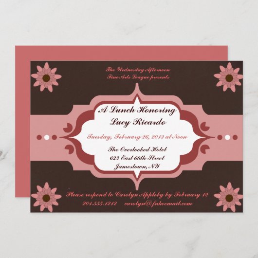 ピンクおよびブラウンの女性の昼食会のカスタムの招待状 招待状 (正面/裏面)