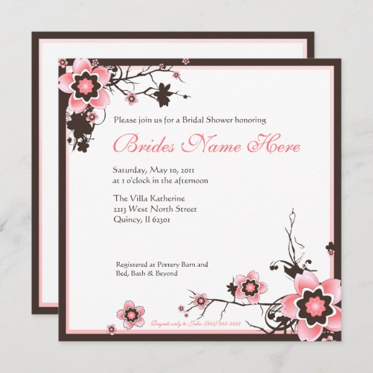 ピンクおよびブラウンの桜のシャワーの招待状 招待状 (正面/裏面)