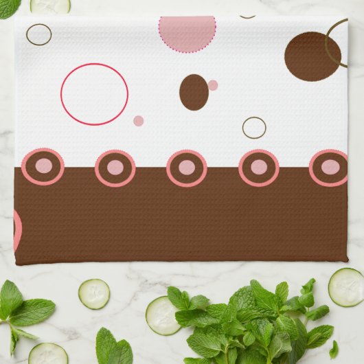 ピンクおよびブラウンの水玉模様 キッチンタオル (折り畳み)