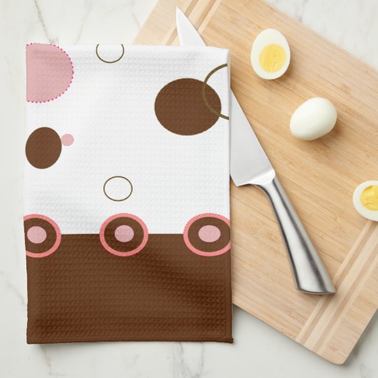 ピンクおよびブラウンの水玉模様 キッチンタオル (四つ折り)