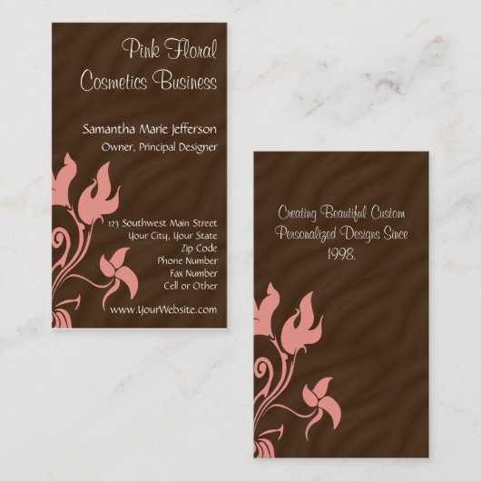 ピンクおよびブラウンの花の渦巻 名刺 (正面/裏面)