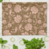 ピンクおよびブラウンの花柄パターン キッチンタオル (折り畳み)