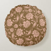 ピンクおよびブラウンの花柄パターン ラウンドクッション (正面)