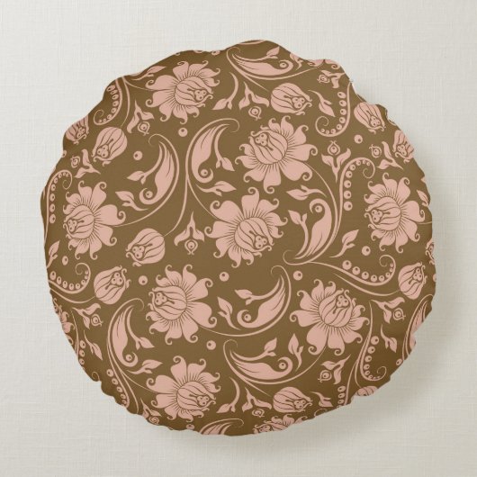 ピンクおよびブラウンの花柄パターン ラウンドクッション (裏面)