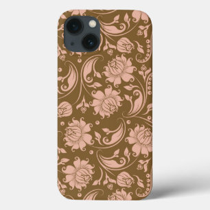 ピンクおよびブラウンの花柄パターン iPhone 13ケース