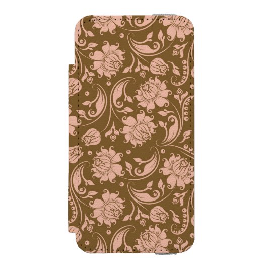 ピンクおよびブラウンの花柄パターン INCIPIO iPhoneウォレットケース (フォリオ 正面)