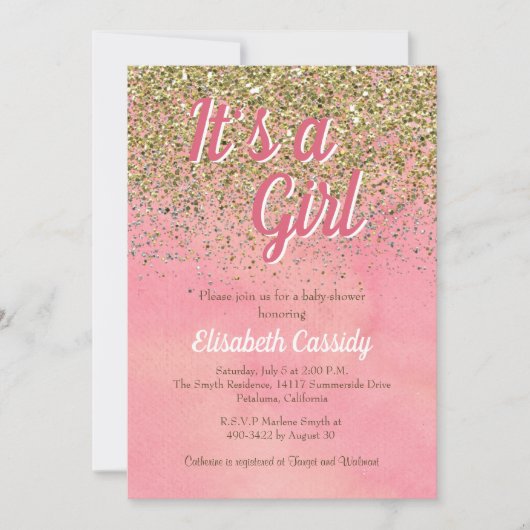 ピンクおよびモモのグリッターはベビーシャワーの招待を振りかけます 招待状 (正面)