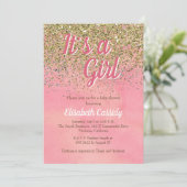 ピンクおよびモモのグリッターはベビーシャワーの招待を振りかけます 招待状 (スタンド正面)