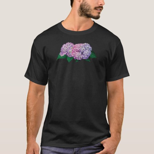 ピンクおよびラベンダーのアジサイメンズ Tシャツ (正面)