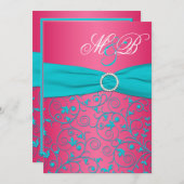 ピンクおよび水のダマスク織のモノグラムのな招待状 招待状 (正面/裏面)