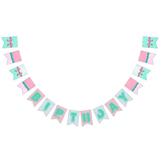 ピンクおよび水及びティール（緑がかった色）の誕生日の旗の旗 バンティングフラッグ (全)
