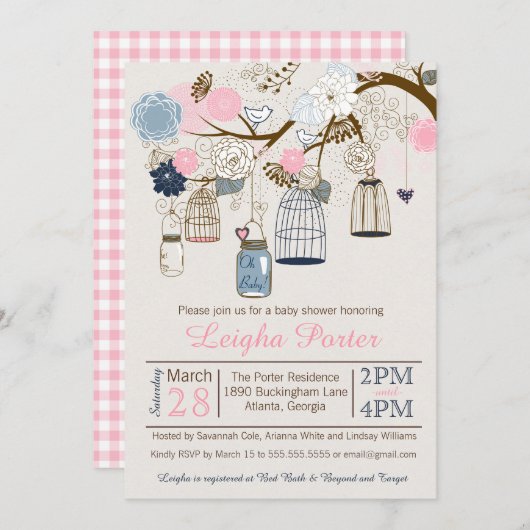 ピンクおよび濃紺のぶら下がったなおりの瓶のベビーシャワー 招待状 (正面/裏面)