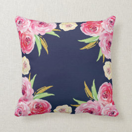 ピンクおよび濃紺の花柄の枕 クッション