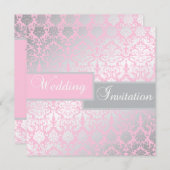 ピンクおよび灰色のダマスク織の結婚式招待状 招待状 (正面/裏面)