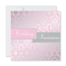 ピンクおよび灰色のダマスク織の結婚式招待状
