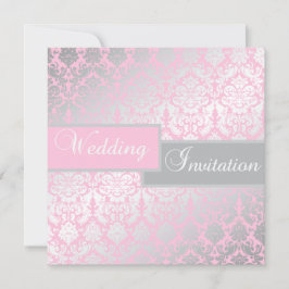 ピンクおよび灰色のダマスク織の結婚式招待状 招待状