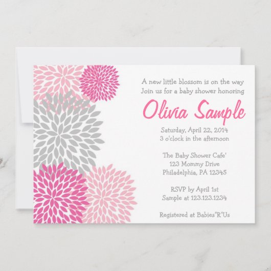 ピンクおよび灰色のダリアのベビーシャワーの招待状 招待状 (正面)