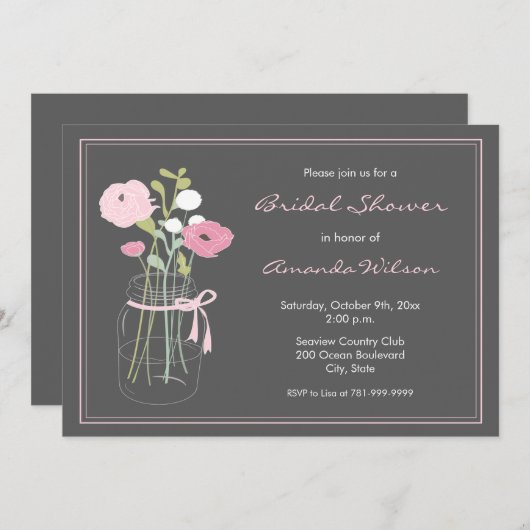 ピンクおよび灰色のメーソンジャーのブライダルシャワーの招待状 招待状 (正面/裏面)