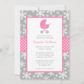 ピンクおよび灰色キャリッジ雪片のベビーシャワー 招待状 (正面)