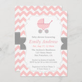 ピンクおよび白いシェブロンのベビーカー、女の赤ちゃんのシャワー 招待状 (正面/裏面)